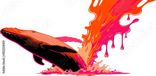A high-fidelity vector illustration of a whale breaching with an intense orange and red melting splash effect. This vibrant design captures high-energy movement, optimized for Print on Demand apparel.