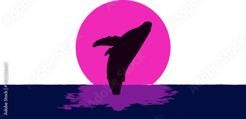 Marine Megafauna Breaching Silhouette - Modern Low Poly Aquatic Graphic with Circular Horizon
