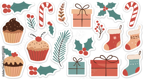 Christmas holiday sticker collection with candy canes cupcakes gift boxes holly berries and festive stockings vector illustration
