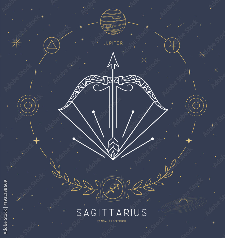 Naklejka premium Modern magic witchcraft card with astrology Sagittarius zodiac sign characteristic. Vector illustration