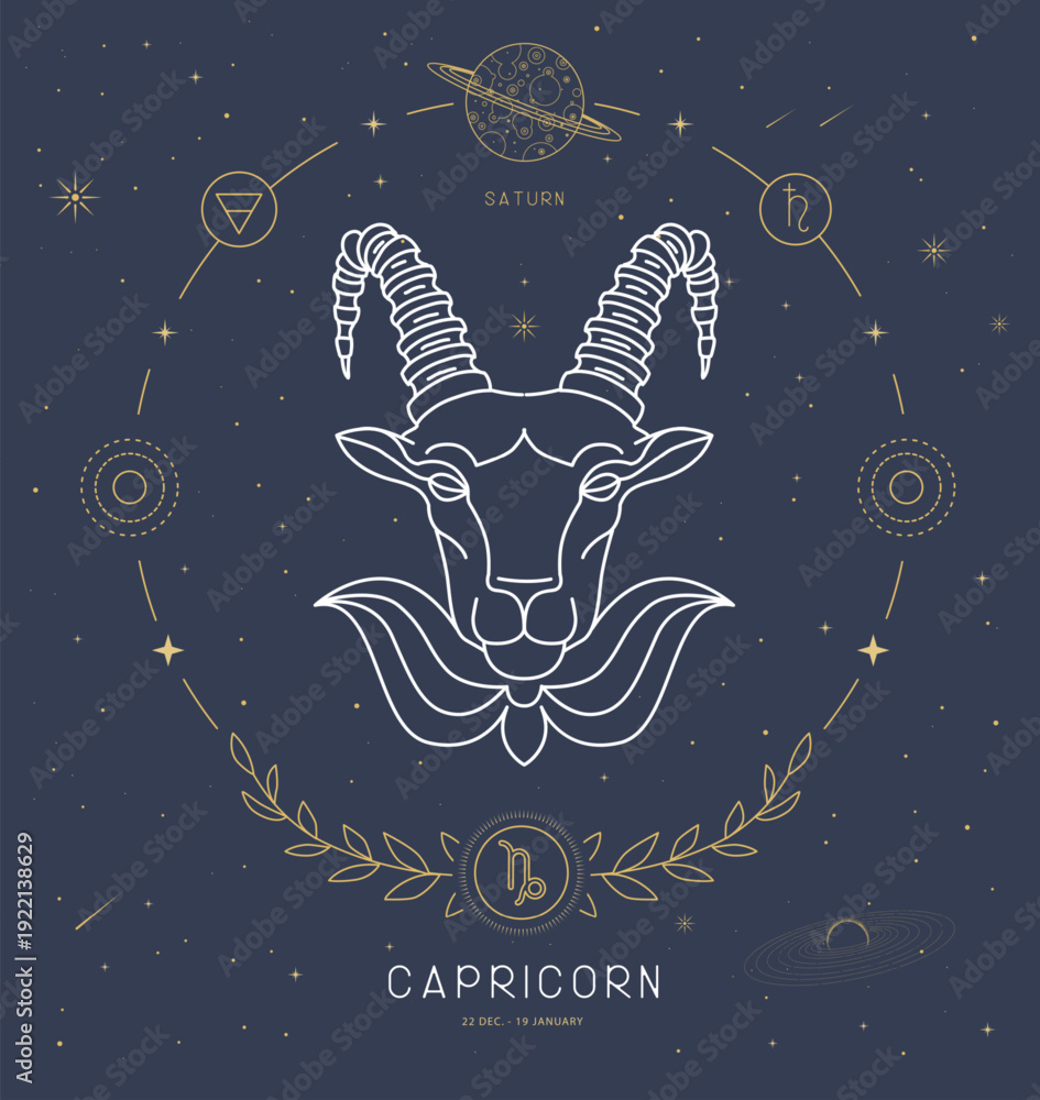 Naklejka premium Modern magic witchcraft card with astrology Capricorn zodiac sign characteristic. Vector illustration
