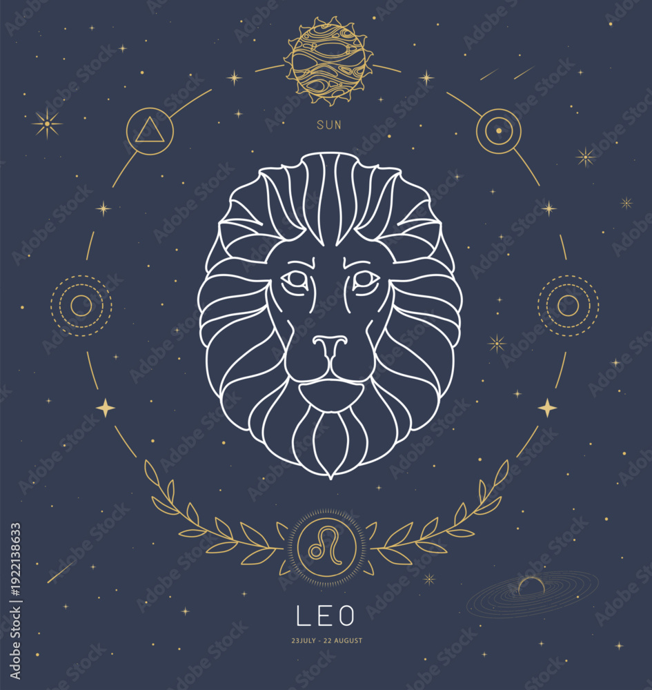 Naklejka premium Modern magic witchcraft card with astrology Leo zodiac sign characteristic. Vector illustration