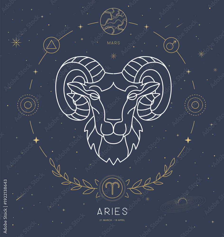 Naklejka premium Modern magic witchcraft card with astrology Aries zodiac sign characteristic. Vector illustration