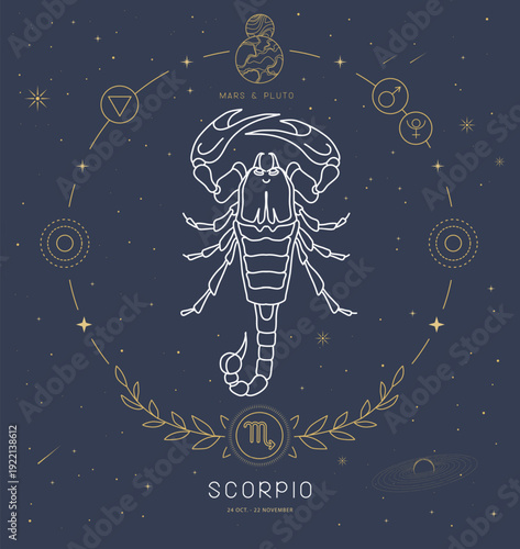 Modern magic witchcraft card with astrology Scorpio zodiac sign characteristic. Vector illustration