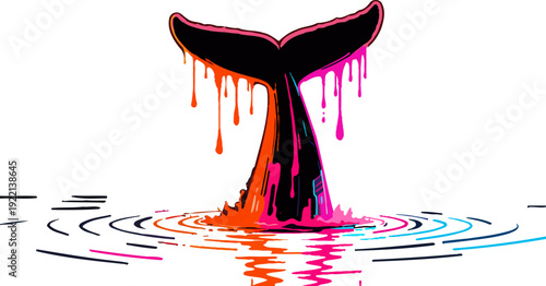 A dynamic vector of a whale fluke breaching the water surface with a multi-color melting gradient. liquid splashes in a modern, artistic format for POD products.