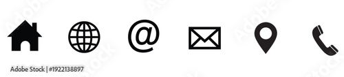 Set of black contact icons: home, globe, email, message, location, phone.