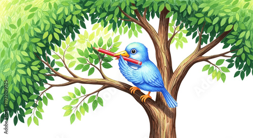Vibrant blue bird creatively building nest with colorful pencil in tree