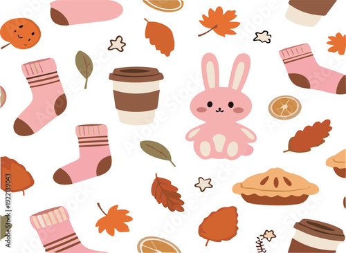 Cute autumn seamless pattern vector with bunny coffee socks leaves and cozy fall elements background