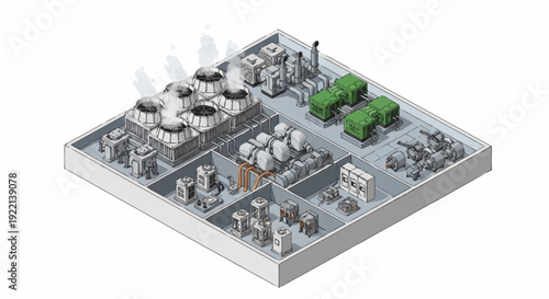 3D rendered industrial facility with machinery and vehicles.