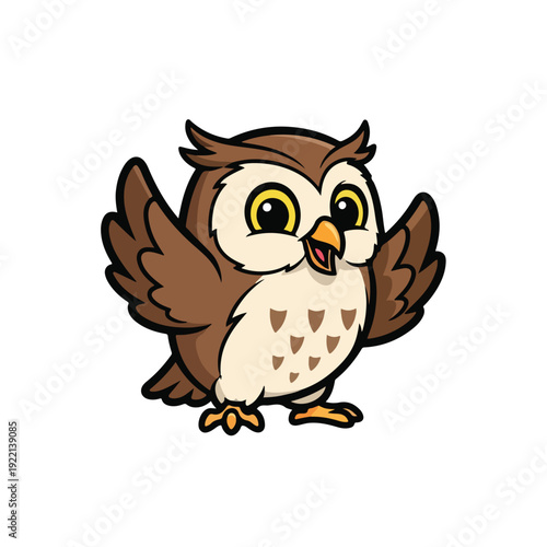 Cute cartoon owl with brown wings and white belly standing alone