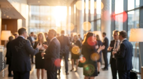 Blurred business professionals are actively networking and conversing in a sun-drenched, spacious modern lobby during a corporate event.