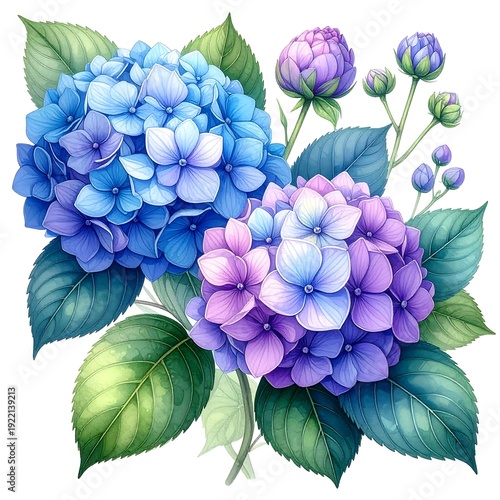 A vibrant floral arrangement of hydrangeas in blue and purple hues