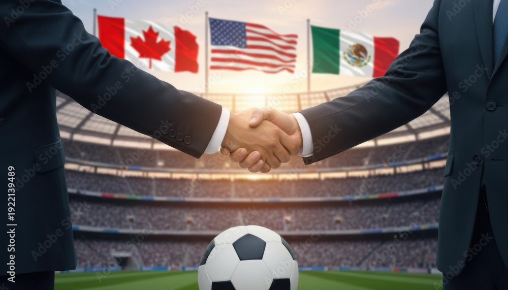 Naklejka premium Two business people shaking hands in a stadium with flags of North American countries and a soccer ball, symbolizing international sports cooperation.