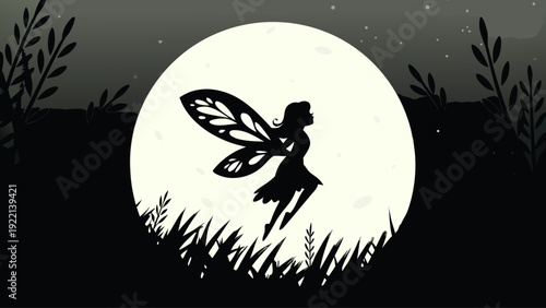 Whimsical fairy dancing under a full moon in a magical night scene