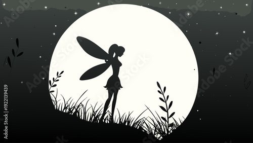 Fairy standing in front of a full moon on a magical night