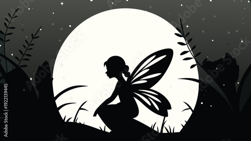 Whimsical fairy sitting under starry night sky with full moon
