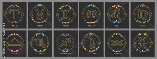 Set of magic witchcraft astrology zodiac signs with decorative floral frames. Vector illustration