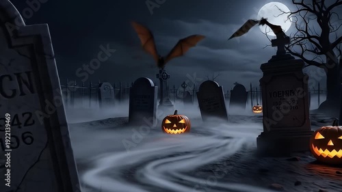 Halloween graveyard scene, illuminated pumpkins, creepy fog, tombstones under a full moon