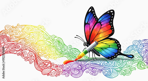 Vibrant butterfly coloring a rainbow swirl with marker