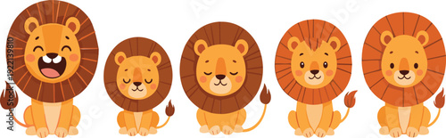 Cute cartoon lion character collection with adorable safari animal mascot kawaii vector illustration set