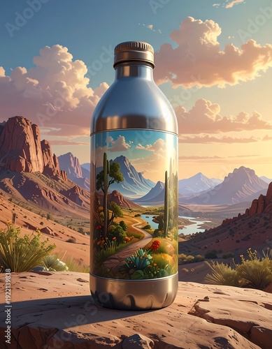 A shiny metal water bottle on a rocky desert landscape