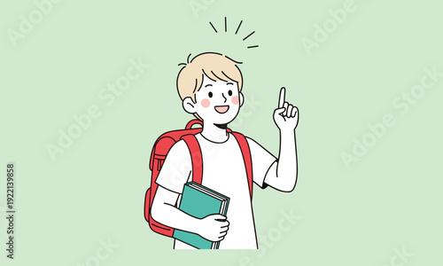 Cute schoolboy with backpack holding books and raising finger with bright idea expression, education and learning concept in flat line illustration style