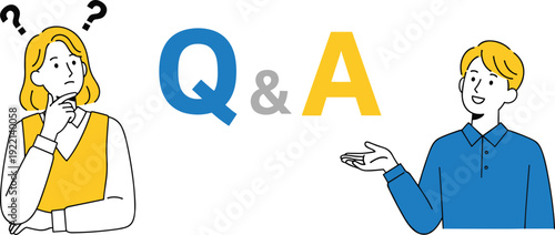 Question and answer concept with confused woman and explaining man, illustrating communication, problem solving, customer support, information exchange, and helpful guidance in modern minimalist