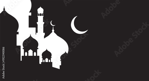A silhouette of a mosque under a crescent moon
