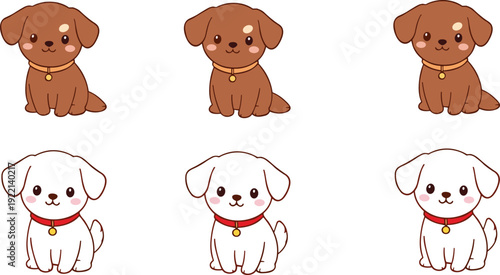 Cute cartoon puppy dog collection with adorable brown and white kawaii pet characters isolated vector illustration