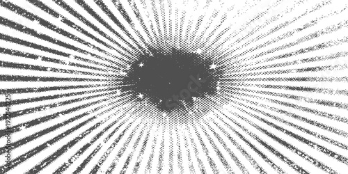 An abstract black and white explosion of binary code and digital data spirals into a 3d technology tunnel with motion lines and a circular pattern design
