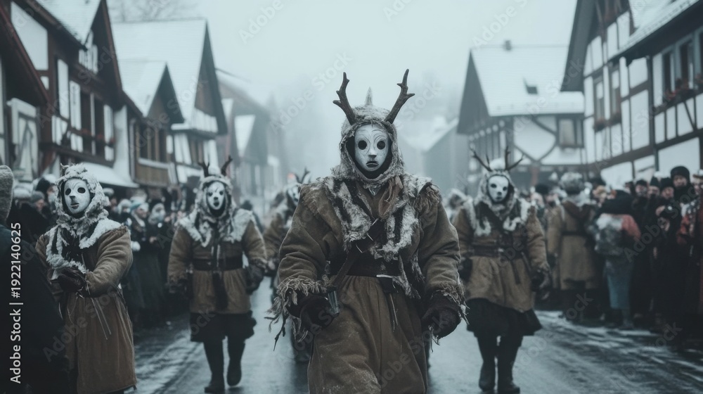 Fototapeta premium people in costumes walking down a snowy street