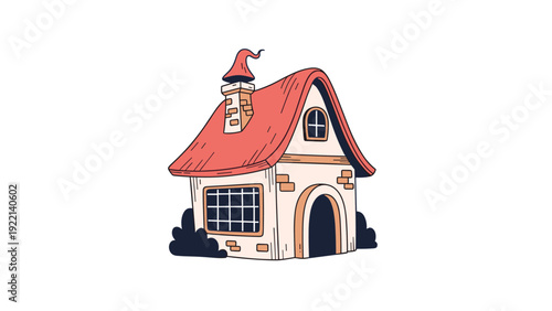 Small cozy house with a warm red roof and stone chimney is nestled among dark bushes for a peaceful and rustic countryside living scene.