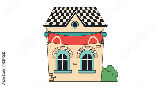 Two story building with a black and white checkered roof features two arched windows and a wide red banner draped across the front facade.