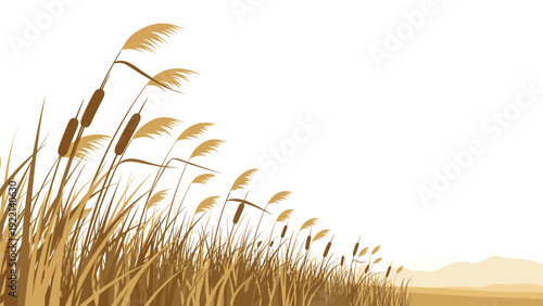 Serene landscape illustration featuring tall golden dry grass and reeds swaying in the wind with soft mountain silhouettes in the distance.