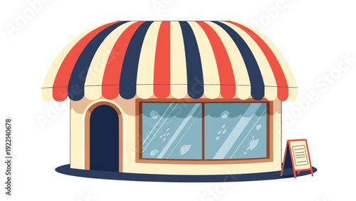 Charming small shop or bakery building illustration with a prominent rounded striped awning in red white and blue colors and a large window.