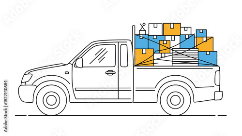 Clean line art illustration of a pickup truck carrying a heavy load of stacked blue and orange delivery boxes in its open cargo bed.