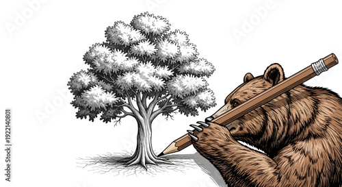 Brown bear artistically drawing tree with giant pencil