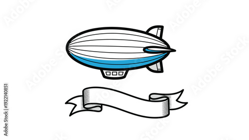 Classic airship or blimp illustration featuring a blue and white dirigible with a large blank flowing banner attached underneath for text.