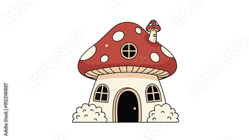 Whimsical fairy tale illustration of a cozy mushroom house with a red spotted cap roof and a small secondary mushroom chimney.