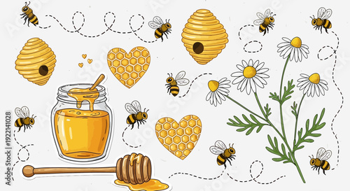 Honey bees honeycomb daisies decorative elements isolated white background