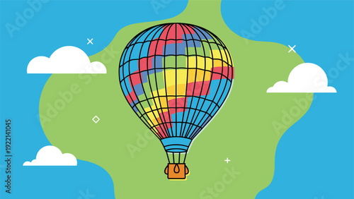 Vibrant hot air balloon illustration featuring a multicolored grid or patch pattern flying in a bright sky with fluffy white clouds.