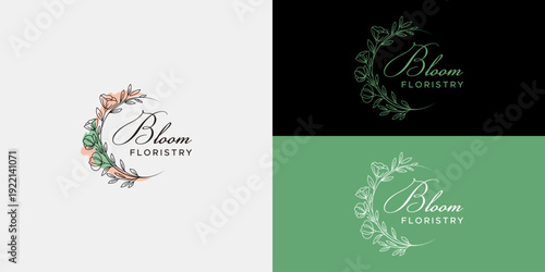 Elegant and delicate floral wreath logo design with blooming botanical elements, perfect for a modern floristry business, garden shop, or natural beauty brand