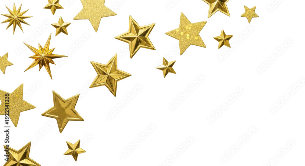 Obraz premium Various sized golden stars, solid and outlined, with sparkling golden confetti dots artfully scattered on a transparent background with copy space, soft studio light highlighting metallic reflections