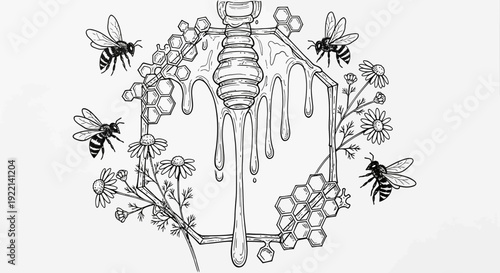 Honey dripping from honeycomb frame surrounded by bees and flowers illustration