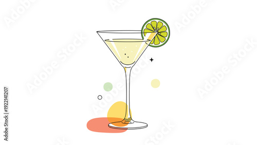 Stylish vector illustration of a martini glass filled with a light yellow cocktail and garnished with a fresh green lime slice.
