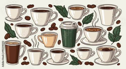 Assorted Coffee Cups and Beans Illustration with Coffee Leaves.