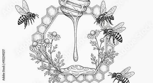 Honey dripping from honeycomb with bees and flowers vector illustration