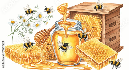 Honey dripping from jar with bees flying around honeycomb and flowers