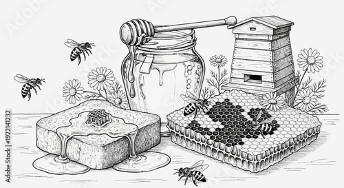 Honey dripping from jar on toast with bees and a beehive vector illustration