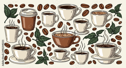 Coffee Cups and Beans Illustration with Steam and Leaves.